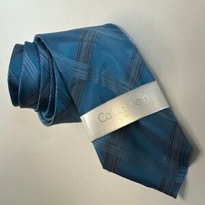 New Calvin Klein Men's Polyester Tie BLUE Varsity Plaid Pack NWT MSRP $59.50